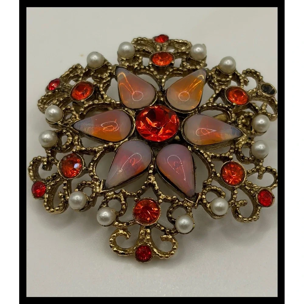 Faux Opal Rhinestone Brooch Small Gold Red Pearl Filigree Vintage